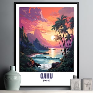 Oahu Hawaii Sunset Wall Art Print, Tropical Landscape Painting, Coastal Decor for Home, Beach Themed Artwork, Nature Illustration, Palm Tree