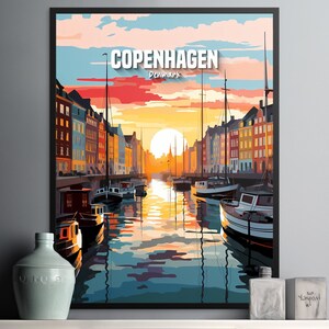 Beautiful Copenhagen Denmark Wall Art Print | Colorful Sunset Cityscape Decor | Nautical scene