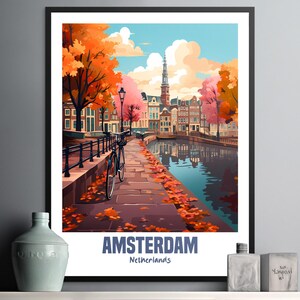 Stampa artistica da parete colorata di Amsterdam, scena autunnale con biciclette e canali, decorazione per la casa