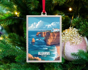 Algarve Portugal Ornament: Coastal Scenery, Cliffside View, Cartoon Style