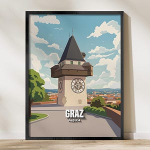Graz Austria Travel Poster, Iconic Uhrturm Clock Tower European Cityscape Art Print, Vintage Style Wall Decor