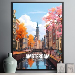 Amsterdam Wall Art Print, Colorful Cityscape Decor, Autumn Leaves, Canal Scene, Dutch Architecture, Home Decor, Unique Gift Idea, Modern Art