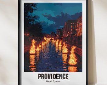 Providence Rhode Island WaterFire Event Wall Art Print, City Skyline Night Decor, Unique Home Decor, Beautiful WaterFire Poster