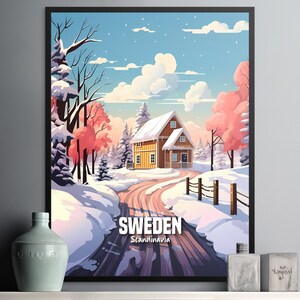 Beautiful Scandinavian Wall Art Print Featuring a Cozy Winter Scene in Sweden