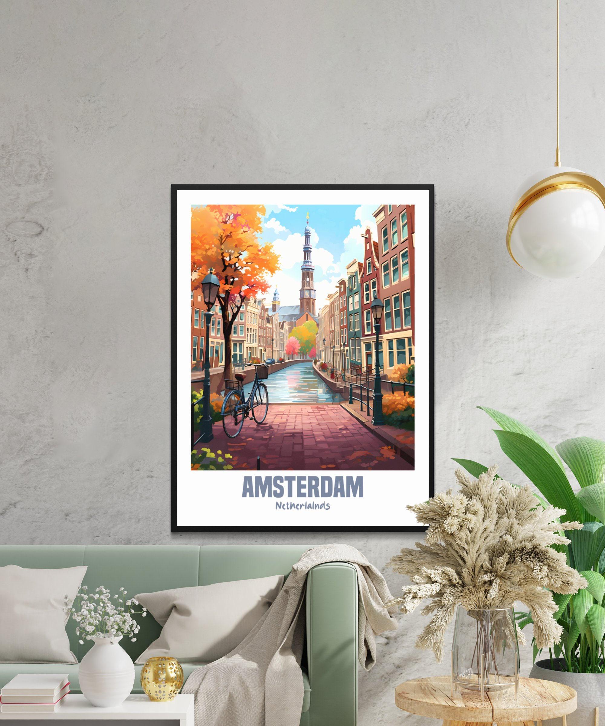 Amsterdam Cityscape Wall Art Print, Colorful Autumn Scene, Dutch Canal ...