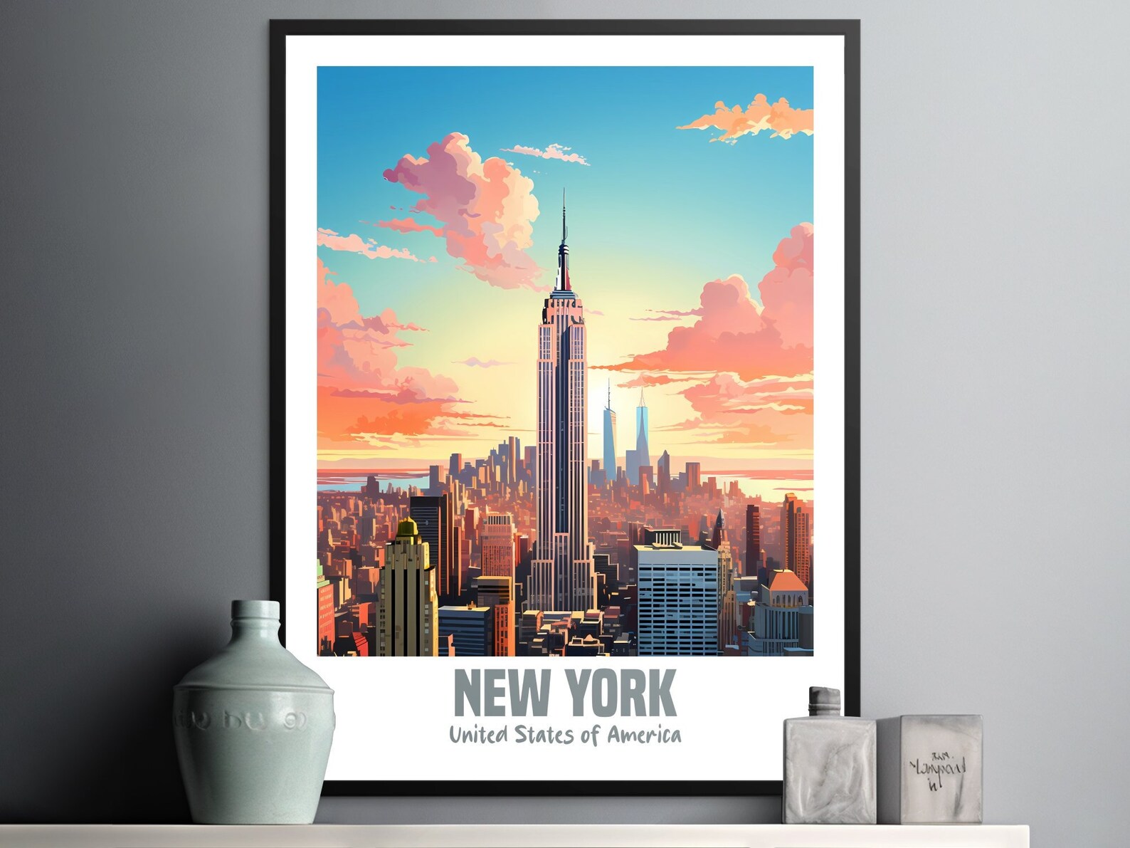 New York City Skyline Wall Art Print, Colorful Empire State Building ...