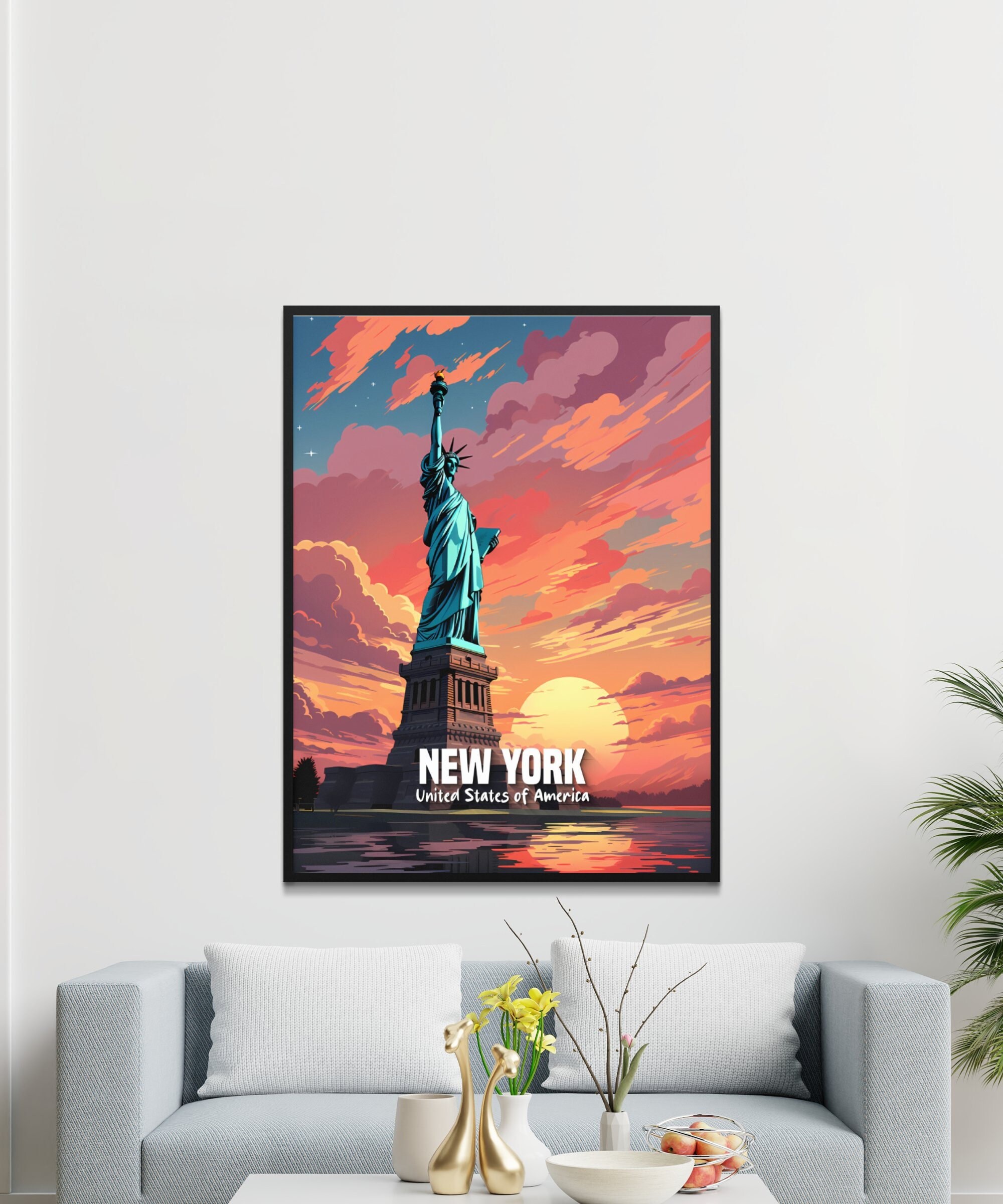 New York City Wall Art Print, Statue of Liberty Poster, Vibrant Sunset ...