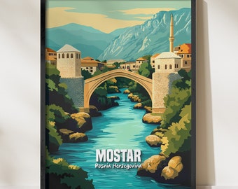 Mostar Bosnia and Herzegovina Wall Art Print, Travel Poster, Vintage Style Home Decor, Panoramic Landscape Art