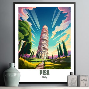 Stunning Vintage Poster of the Leaning Tower of Pisa with Vibrant Colors and Design
