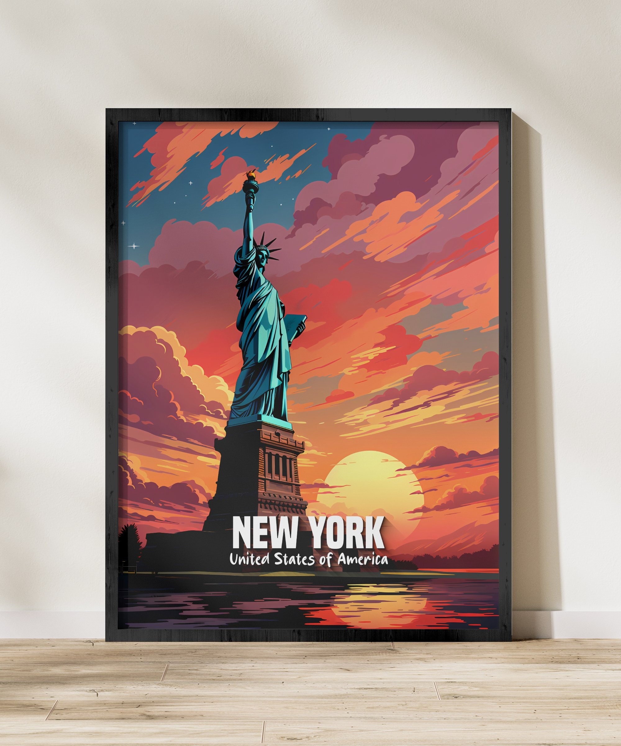 New York City Wall Art Print, Statue of Liberty Poster, Vibrant Sunset ...