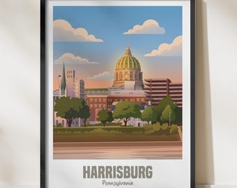 Harrisburg Pennsylvania Poster | PA State Capitol Cityscape Wall Art Print | Modern Travel Souvenir Landmark Decor Gift for Home Office