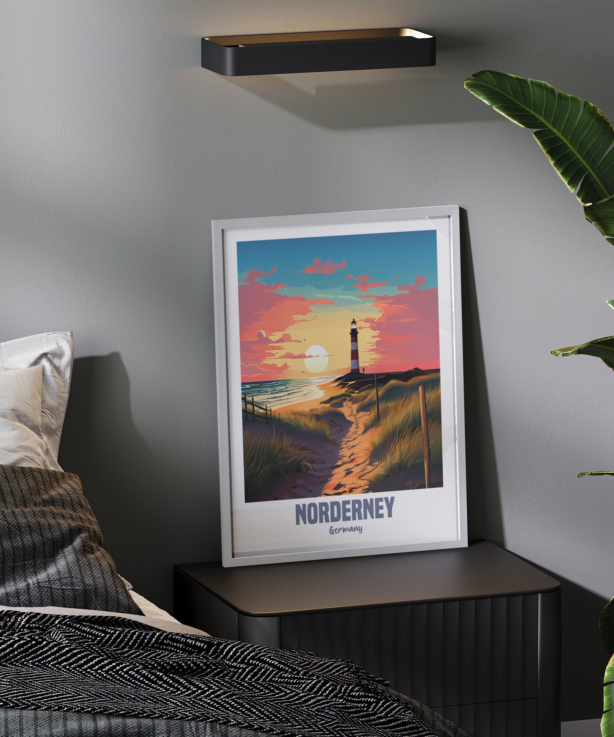 Beautiful Norderey Lighthouse Art Print, Sunset Landscape Wall Decor ...