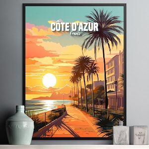 Impresión artística de pared con puesta de sol en la Costa Azul, decoración con escena de playa vibrante, obra de arte de la Riviera Francesa, palmeras tropicales