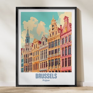 Brussels Belgium Cityscape Wall Art Print, Colorful Buildings Artwork, Travel Poster, Architecture Decor, European City Wall Art