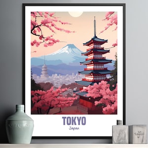 Beautiful Tokyo Wall Art Print with Cherry Blossoms and Mount Fuji Landscape