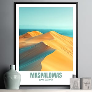 Arte mural de las dunas de arena de Maspalomas, cartel de viaje de Gran Canaria, decoración de la playa de las Islas Canarias, impresión costera moderna, obras de arte azul amarillo