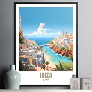 Ibiza Spain Wall Art Print, Colorful Illustrated Landscape, Coastal Home Decor, Beach Scene Poster, Vintage Style Artwork, Perfect Gift for