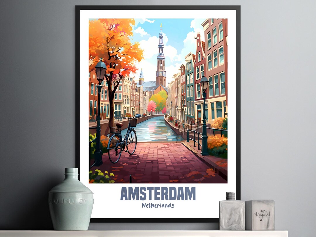 Amsterdam Cityscape Wall Art Print, Colorful Autumn Scene, Dutch Canal ...