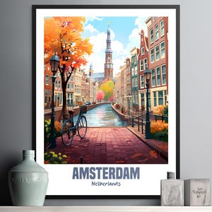Stampa artistica da parete con paesaggio urbano di Amsterdam, scena autunnale colorata, decorazione del canale olandese, opera d&#39;arte incorniciata