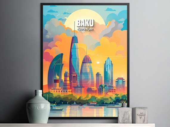 Baku Azerbaijan Skyline Wall Art, Colorful Baku Cityscape Print