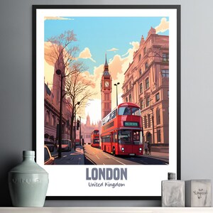 London Cityscape Wall Art, Vintage Double Decker Bus, Big Ben Prints, UK Travel Decor, Home Office Wall Decor, British Art Print, Urban