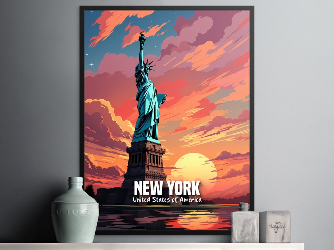 New York City Wall Art Print, Statue of Liberty Poster, Vibrant Sunset ...