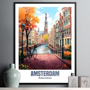 Amsterdam Cityscape Wall Art Print, Colorful Autumn Scene, Dutch Canal Decor, Framed Artwork