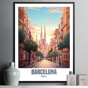 Barcelona Cityscape Wall Art, Colorful Print of Spain&#39;s Sagrada Familia, Home Decor