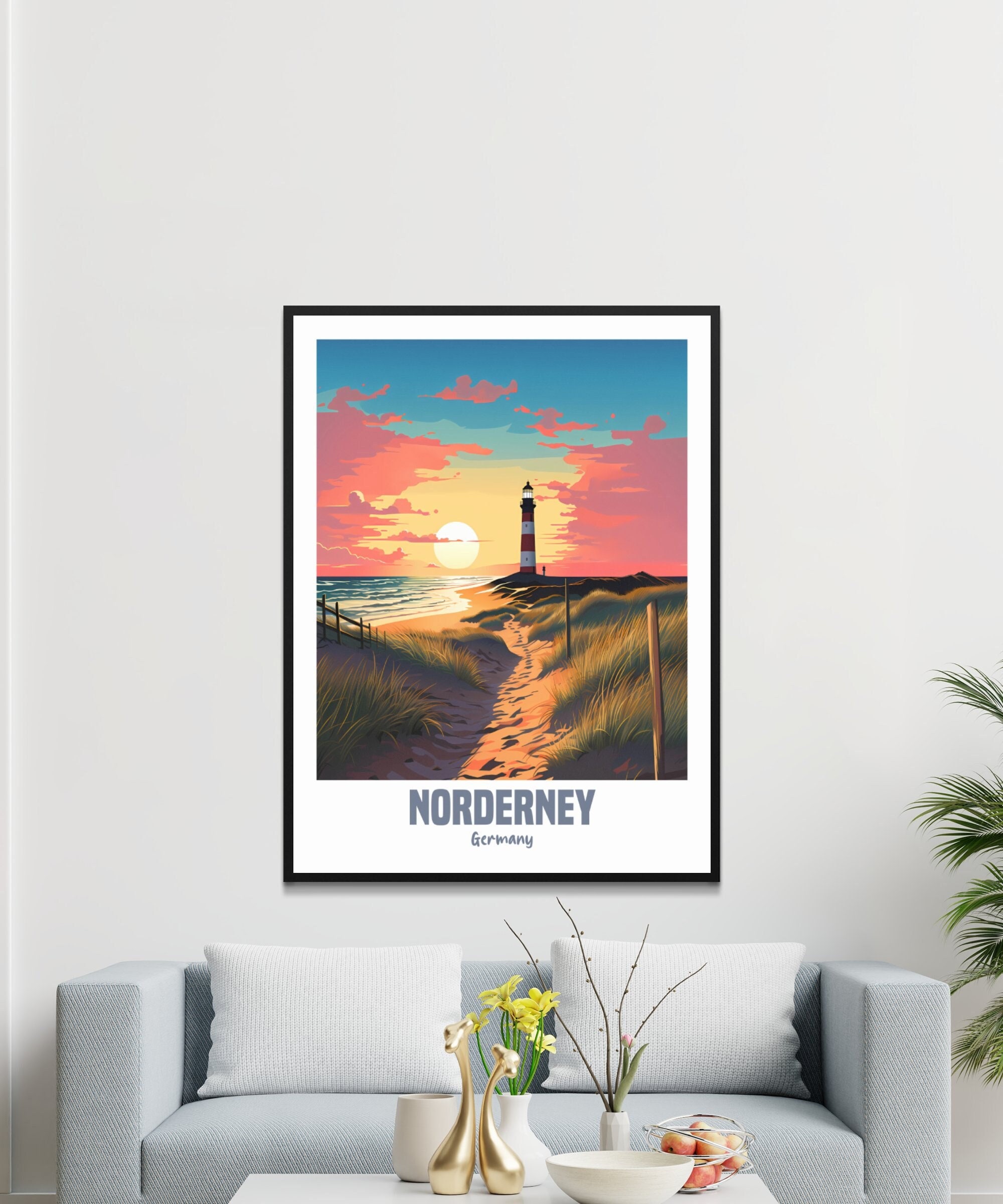 Beautiful Norderey Lighthouse Art Print, Sunset Landscape Wall Decor ...