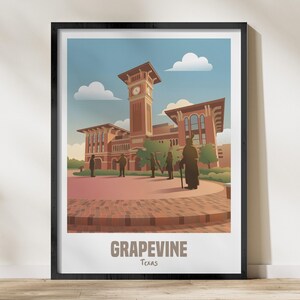 May include: A framed art print featuring a stylized illustration of the Grapevine, Texas clock tower building. The scene depicts a brick plaza with several silhouetted figures in front of the structure under a blue sky with white clouds.