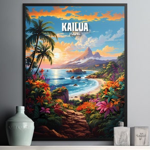 Vibrant Kailua Hawaii Beach Wall Art Print with Tropical Plants and Sunset Scene