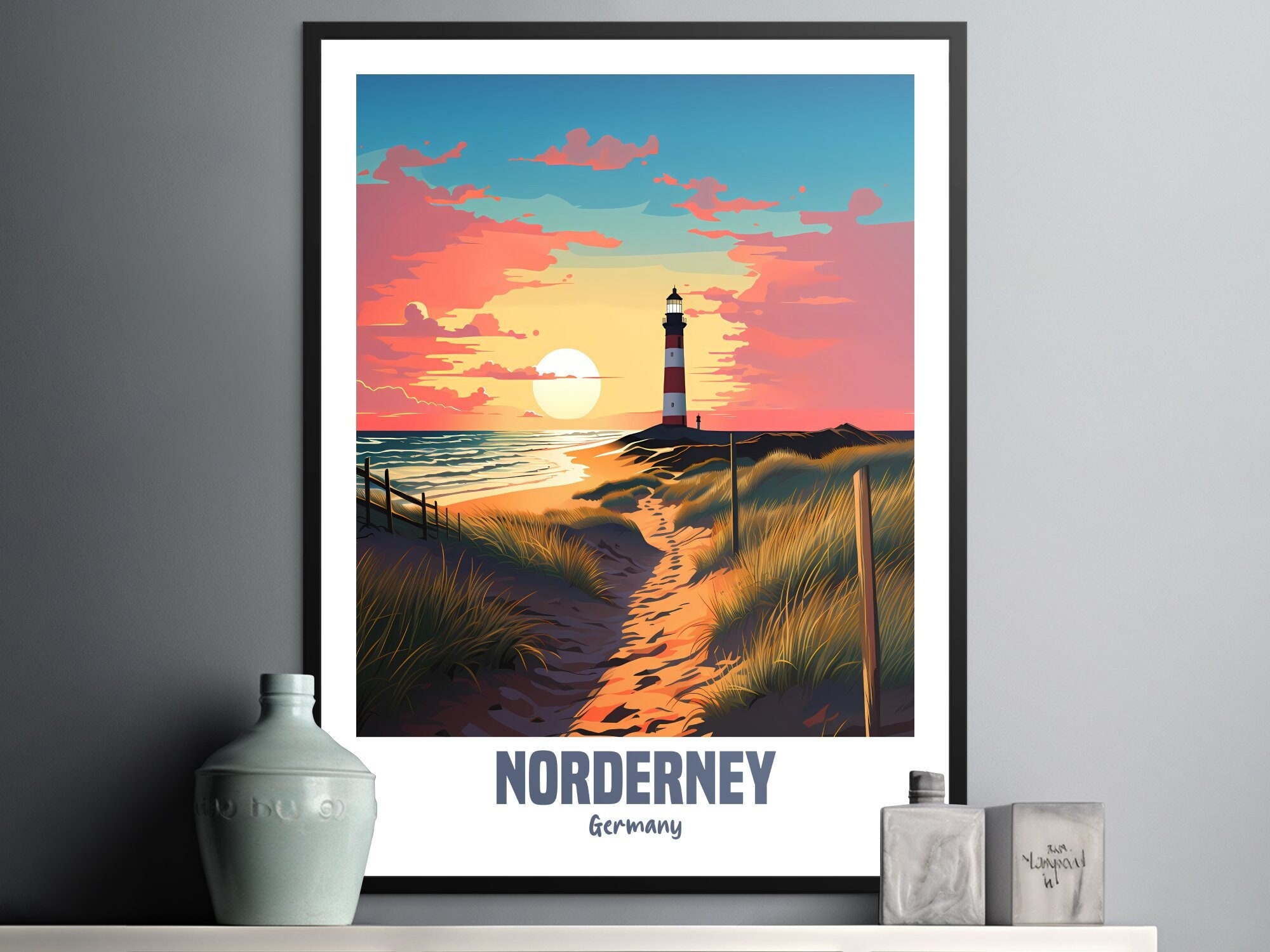 Beautiful Norderey Lighthouse Art Print, Sunset Landscape Wall Decor ...