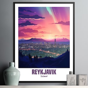 Reykjavik Iceland Sunset Landscape Wall Art Print, Vibrant Colorful Decor for Home