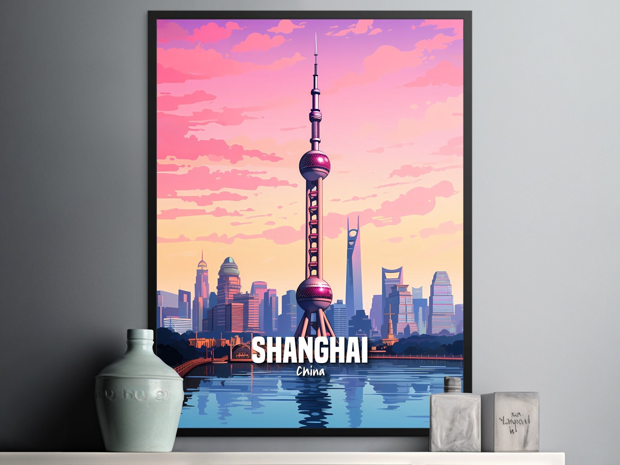 Shanghai skyline wall art print, colorful landscape poster, urban home decor, cityscape decor for living room, modern wall decoration