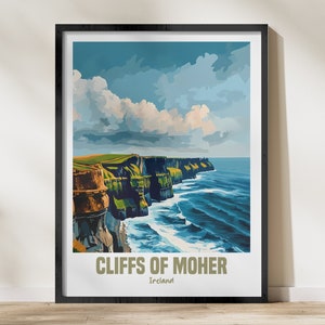 Acantilados de Moher, impresión artística de pared, decoración del paisaje costero de Irlanda, póster de acantilados oceánicos, regalo de arte escénico para el hogar, oficina, sala de estar