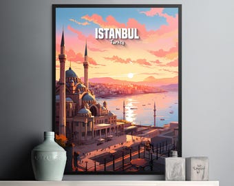 Beautiful Istanbul Sunset Art Print, Scenic Wall Decor with Turkish Architecture and Colors