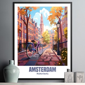 Stampa di Amsterdam con bicicletta, arte murale colorata per la decorazione della casa, architettura olandese, opera d&#39;arte panoramica