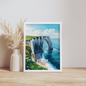 Arte mural costero de Étretat, Francia, impresión de acantilados de playa, póster decorativo de arco oceánico, obra de arte costera francesa, pintura de paisaje natural