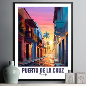 Puerto de la Cruz Sunset Wall Art, Colorful Tropical Street Scene, Home Decor Print, Modern Art for Living Room, Landscape Poster, Tenerife
