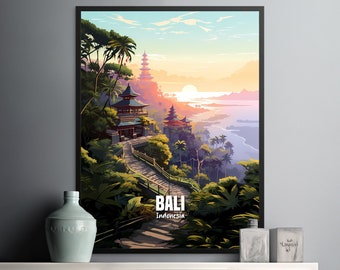 Stunning Bali Landscape Wall Art - Colorful Tropical Scene with Sunset and Ancient Temples