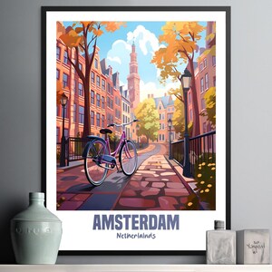 Amsterdam Cityscape Print with Bicycle, Colorful Wall Art for Home Decoration, Dutch Architecture, Scenic Artwork