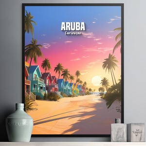 Tropical Aruba Beach Wall Art Print, Colorful Sunset Home Decor for Beach Lovers