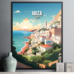 Ibiza Spain Vintage Travel Poster Wall Art, Coastal Landscape Print, Home Decor
