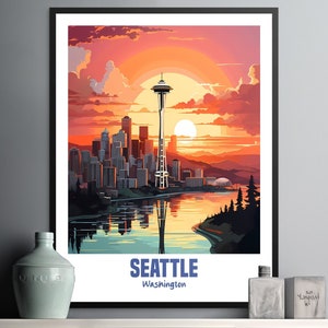 Seattle Wall Art Print, Colorful Skyline Decor for Modern Home, Vibrant Sunset Artwork