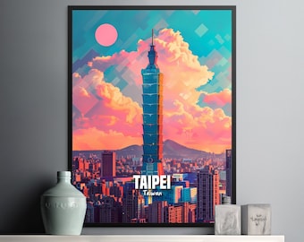 Taipei Cityscape Wall Art, Modern Taiwan Skyline Poster, Colorful Taiwan Art Print, Taipei 101 Building Art, Taiwanese City Decor