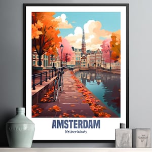Colorful Amsterdam Wall Art Print, Autumn Scene with Bikes and Canals, Home Decor