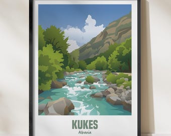 Kukes Albania Nature Illustration Poster, Scenic River Mountain Art Print, Albanian Landscape Decor Gift