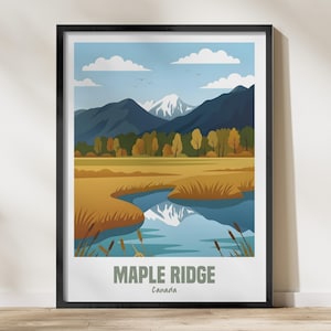 Könnte beinhalten: Gerahmter Kunstdruck mit einer stilisierten Landschaft von Maple Ridge, Kanada. Das Kunstwerk zeigt einen See, der Himmel und Berge widerspiegelt, mit Herbstbäumen und grasbewachsenen Feldern. Der Druck ist in einem schwarzen Rahmen.