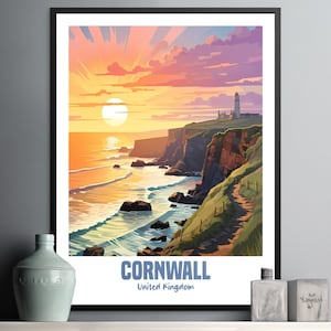 May include: A vintage travel poster featuring a scenic sunset over a rocky coastline with a lighthouse in the distance. The poster is titled "Cornwall, United Kingdom".