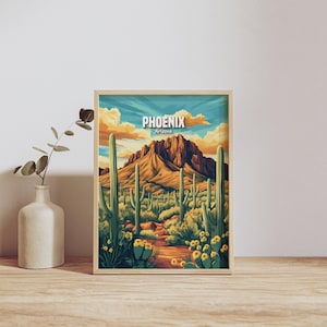 Retro Phoenix Arizona Wall Art Desert Landscape Print Vintage Cactus Poster Home Decor Southwestern Art Scenic View